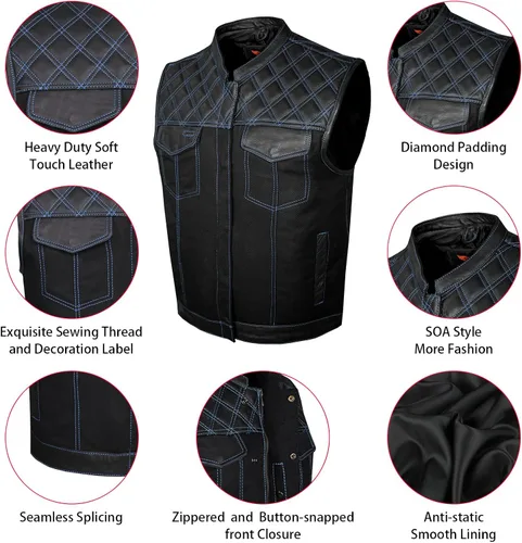 Vista 3 de GARGOYLE BELLS Chaleco de moto de mezclilla y cuero para hombre con bolsillos para pistola SOA Biker Club Chaleco con acolchado de diamante