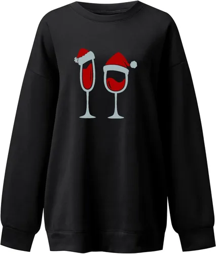 Vista 4 de Sudadera navideña para mujer, manga larga, cuello redondo, ajuste holgado, camisas sudaderas de tela para otoño e invierno