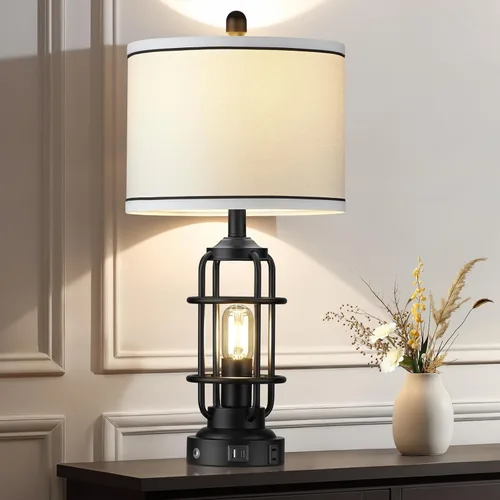Vista 8 de 26" Modern Lamp for Living Room, Industrial 3-Way Dimmable Beside Table Lamp with USB A+C Charging Ports & AC Outlet, Touch Control Beside Lamp LED