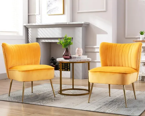 Vista 10 de Juego de 2 sillas decorativas de terciopelo, cómodas sillas de sala de estar, sin brazos, sofá individual lateral de mediados de siglo con patas