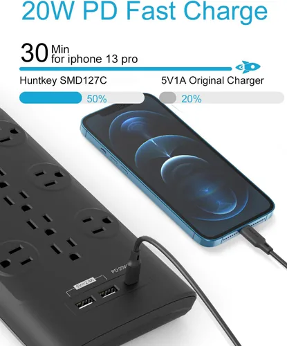 Vista 5 de Huntkey - Regleta protectora de sobretensiones (3480J), 12 salidas con 2 USB A y USB C de 20 W, carga rápida, enchufe plano de 6 pies, cable