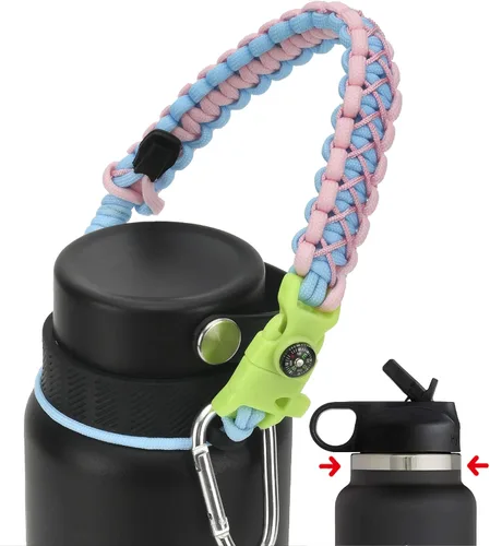 Vista 7 de Asa de cuerda de paracaídas para botellas Hydroflask 2.0 de boca ancha y estándar, con nuevo soporte de anillo de seguridad, 12oz - 64oz