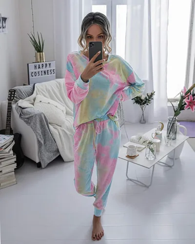 Vista 64 de Prettygarden - Conjunto de pijama de dos piezas para mujer, diseño de teñido anudado, sudadera informal de manga larga con pantalones largos, ropa