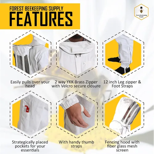 Vista 3 de Forest Beekeeping Traje de apicultura Adecuado para apicultores principiantes y comerciales Overol de algodón blanco con capucha Cremalleras