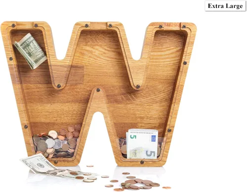 Vista 7 de Alcancía de madera personalizada con letra para niños, niñas y adultos, bancos de monedas de madera de roble duradero, 3 tamaños para elegir