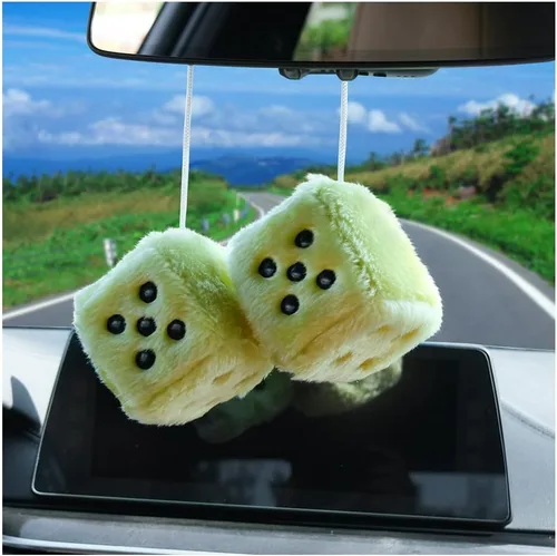 Vista 8 de Par de dados cuadrados retro de felpa mullidos de 3 pulgadas con puntos, decoración para colgar en el espejo del automóvil, adorno para espejo