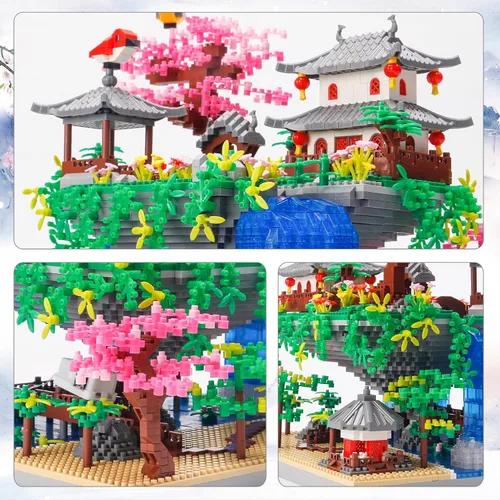 Vista 2 de SAMYBLOCKS Juego de 3600 piezas de microbloques de árbol bonsái de estanque de flor de melocotón, bloques de construcción de arquitectura