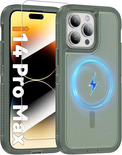 Vista 44 de Funda magnética para iPhone 13/iPhone 14 [compatible con Magsafe] [protector de pantalla de vidrio] [protección de grado militar de doble capa]