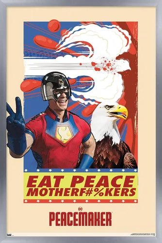 Vista 11 de DC Comics TV Peacemaker - Póster de pared Eat Peace, 22.4 pulgadas de largo x 14.7 pulgadas de ancho, versión enmarcada de madera de granero Versión