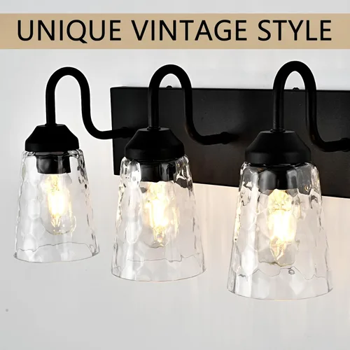 Vista 2 de Lámpara de baño de 3 luces, luces costeras con pantalla de cristal de cristal, lámpara de pared negra para espejo de cocina, pasillo, dormitorio