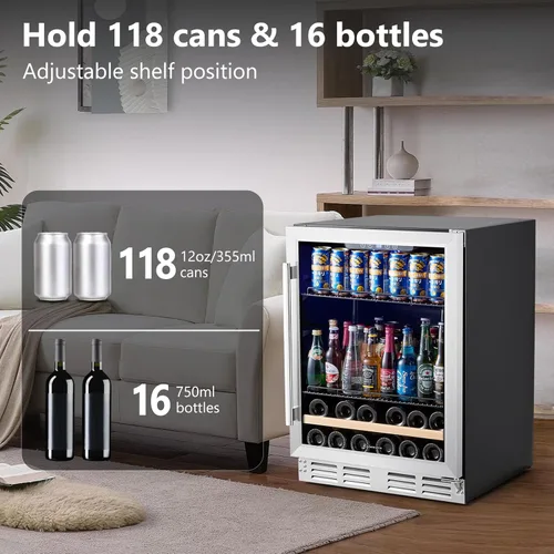 Vista 2 de Refrigerador de bebidas y vino de 24 pulgadas integrado o independiente, capacidad para 120 latas y 16 botellas, enfriador de vino