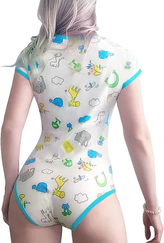 Vista 3 de Littleforbig Mameluco con botones en la entrepierna para bebés y amantes de los pañales (ABDL) - Patrón de jirafa y animales del zoológico Azul
