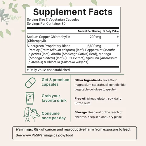 Vista 2 de Micro Ingredients Complejo de Súper Verdes con Clorofila 240 Cápsulas Vegetales con Perejil, Moringa, Espirulina, Clorela y Más Sin Gluten, Sin