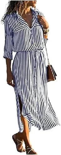 Vista 4 de Vestido de camisa de mujer Maxi vestido largo negro naranja manga corta rayas primavera verano