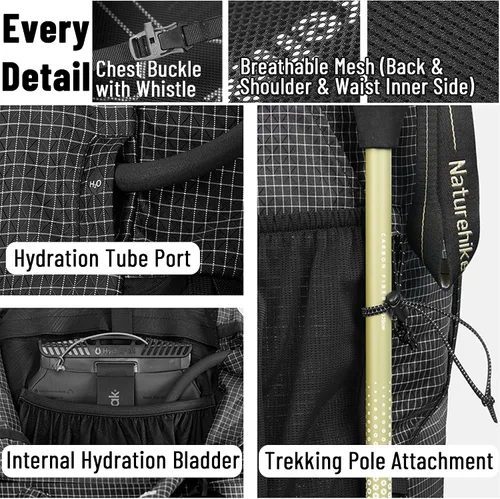 Vista 6 de Naturehike Rock 2.0 Mochila de marco interno con cubierta de lluvia - 30L Negro