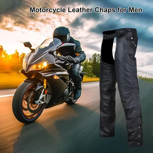 Vista 5 de GARGOYLE BELLS Chanclas de cuero para motocicleta para hombres y mujeres, pantalones de cuero suave con abertura para motociclista