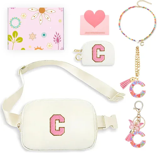 Vista 8 de Regalos de moda para niñas adolescentes, cangurera con monograma para niña con llavero, collar, dijes de taza, tarjeta de felicitación y caja