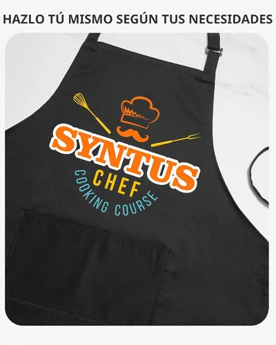 Vista 7 de Syntus Delantal de chef para hombres y mujeres, delantal de cocina con bolsillos, delantales ajustables resistentes a las manchas Negro