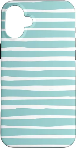 Vista 22 de iPhone 16 Cute Pastel Mint Green Aqua & White Wavy Stripe Case