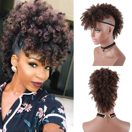 Vista 16 de Aisaide Cola de caballo afro Mohawk alta con flequillo sin cordón, extensión de cola de caballo corta rizada sin cordón, clip sintético en moño