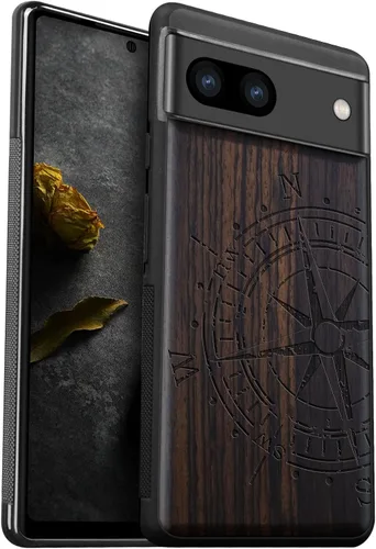 Vista 10 de Carveit Funda de madera para Pixel 8a [madera natural y TPU suave negro] a prueba de golpes, funda de madera única compatible con Google Pixel 8a