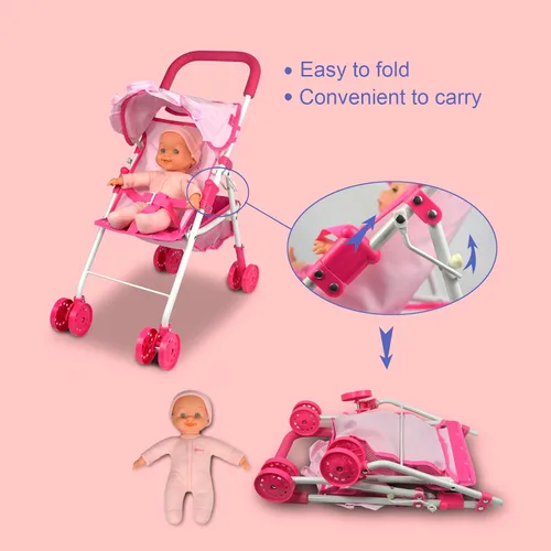 Vista 4 de Colección de muñecas de bebé, cochecito de muñeca Anivia, diseño de corazón, regalos para niños pequeños y niñas, cochecito de muñeca plegable