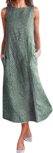 Vista 32 de Vestido de manga larga para mujer, casual, de algodón, lino, con botones, maxivestidos tipo caftán, blanco y azul