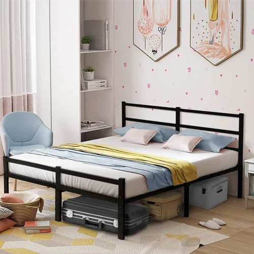 Vista 3 de Base de cama con cabecero, base de cama con plataforma de 14 pulgadas, no requiere somier, base de cama metálica de tamaño Queen con espacio