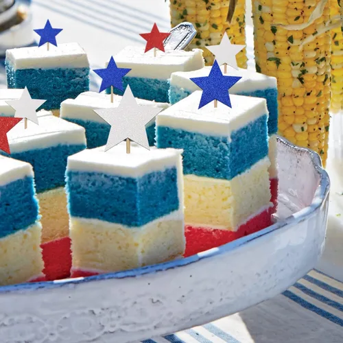 Vista 5 de Decoración para cupcakes del 4 de julio, diseño de estrella roja, azul y blanca, con purpurina patriótica, decoración de fiesta conmemorativa