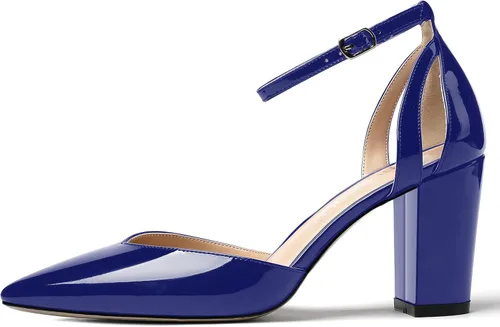 Vista 2 de MODENCOCO Zapatos de tacón alto de charol D'Orsay con correa de tobillo recortada para mujer, 3.5 pulgadas