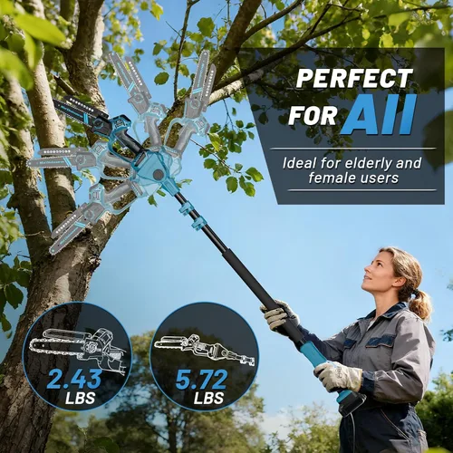 Vista 4 de Sierra de poste inalámbrica 2 en 1 de 8 pulgadas y mini motosierra para batería Makita de 18 V (NO incluida), motosierra eléctrica de 15 pies