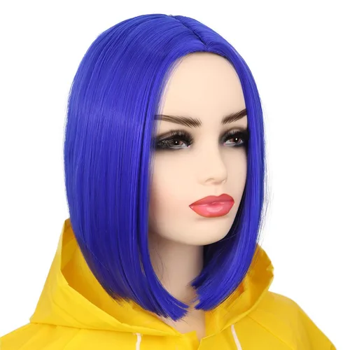 Vista 2 de Peluca de cosplay estilo Bob azul oscuro + horquilla de libélula + collar para fiesta, disfraz de Halloween, peluca de mujer