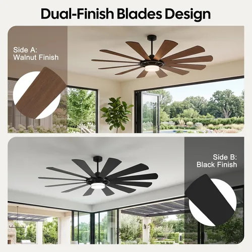 Vista 5 de 62 Inch Farmhouse Ceiling Fan with Light and Remote, 12 Blade Dual-Finish