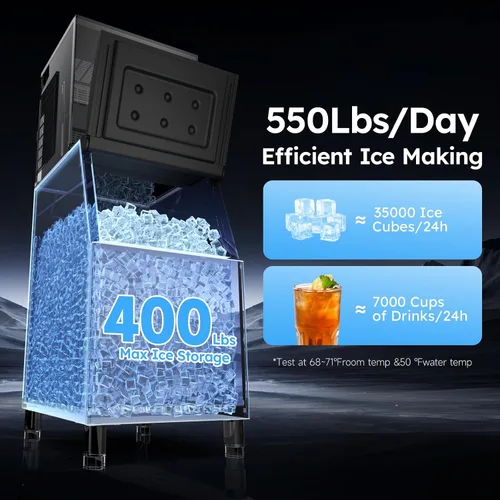 Vista 2 de Máquina comercial para hacer hielo de 550 libras/24 horas, almacenamiento de 400 libras, listo para hielo en 5-15 minutos, con modo de autolimpieza