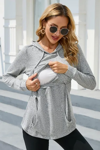 Vista 3 de Sosolism Sudadera con capucha de lactancia para mujer, de manga larga, con bolsillos