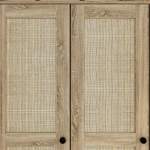 Vista 7 de Homsee Armario de 8 puertas, armario de dormitorio con puertas de ratán, 5 cajones, 2 barras colgantes, armarios superiores y estantes, color marrón