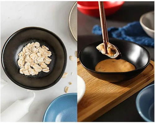 Vista 6 de Platos de cerámica mate para salsa de soja, cuencos de salsa de soja para sushi negra, platos de aperitivo con borde irregular para cocina, hogar