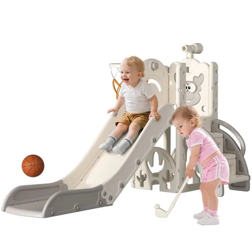 Vista 8 de BIERUM Tobogán para niños, juego de 6 en 1 para interiores y exteriores con aro de baloncesto, juego de golf y telescopio, juego de tobogán y Azul