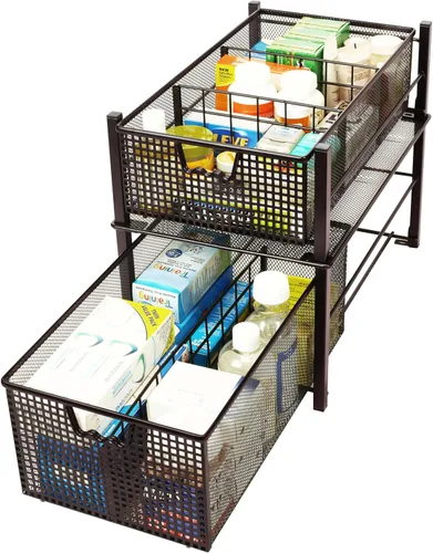 Vista 9 de Deco Brothers Cesta Deslizante Apilable Extraíble para Gabinete con Divisores, Grande, Bronce Organizador para debajo del fregadero, bronce