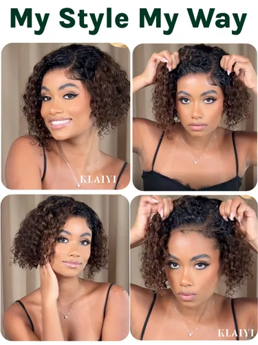 Vista 6 de KLAIYI Bye Bye Slip™ - Pelucas de cabello humano con encaje frontal 7x5, color marrón castaño degradado, rizado, sin pegamento, precortadas de 7 x