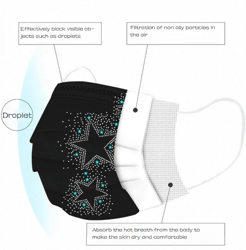 Vista 5 de Paquete de 50 mascarillas desechables para mujer, diseño de estrellas, mariposa, vacaciones, cuidado de la piel para adultos, transpirable, filtro