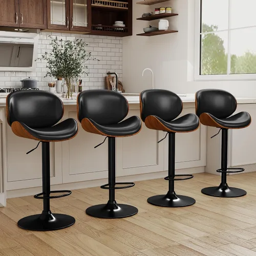 Vista 4 de Juego de 2 taburetes de bar ajustables giratorios de 360°, sillas de bar tapizadas de piel sintética con reposapiés, taburetes de madera para Negro