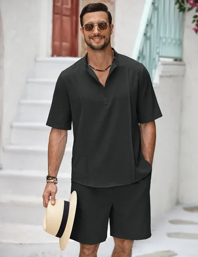 Vista 4 de COOFANDY Conjunto de lino de 2 piezas para hombre, camisa Henley, manga corta y pantalones cortos, trajes a juego para yoga y playa