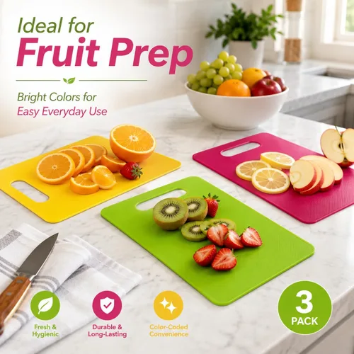 Vista 7 de Juego de 3 tablas de cortar de plástico pequeñas, tablas de cortar frutas compactas con mango de fácil agarre, tablas de cortar flexibles de 3P