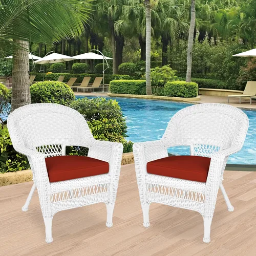 Vista 2 de Jeco Silla de mimbre con cojín rojo, juego de 2, blanco/W00206- Blanco/Rojo Ladrillo
