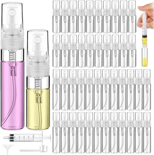 Vista 8 de 60 mini botellas de atomizador, botella de plástico transparente portátil, atomizador de perfume recargable de niebla fina vacía, recipientes
