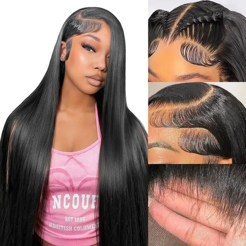 Vista 11 de Pelucas de cabello humano lacio prearrancado de 13 x 6 pulgadas, pelucas de cabello humano de densidad 200 HD transparente con encaje frontal