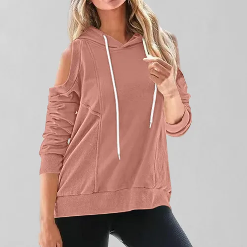 Vista 5 de Cold Shoulder Tops for Women 2023 Hooded Sweatshirt Casual Loose Drawstring Hoodies Pullover Solid Color Fall Clothes