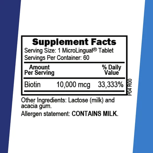 Vista 2 de Superior Source Biotina 10000 mcg. Tabletas microlingües de disolución rápida bajo la lengua, 60 unidades, apoya el crecimiento saludable