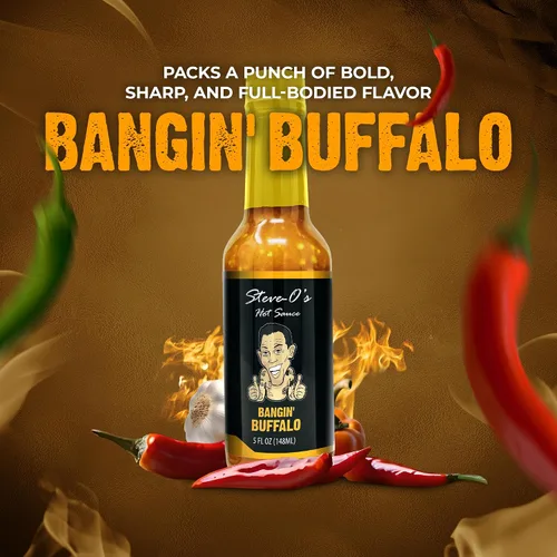 Vista 3 de Steve-O's Salsa Bangin' Buffalo Salsa cremosa y picante roja para alas, barbacoa, verduras, hamburguesas y huevos 5 fl oz